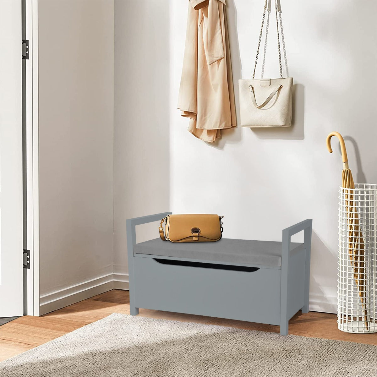 2-in-1 Wooden Shoe Changing Bench with Storage Space-Grey